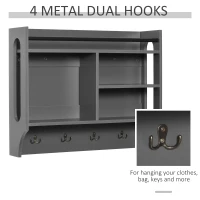 HOMCOM Wall-Mounted Floating Storage Shelf with 4 Storage Units and 4 Dual Hooks, Grey(m-5)