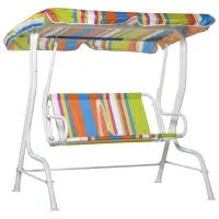 Outsunny Kids Porch Swing, Outdoor 2-Seat Children Patio Chair, Toddler Glider with Adjustable Canopy, Seat Belt for Garden Backyard Colorful Stripes(m-1)
