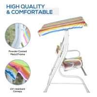 Outsunny Kids Porch Swing, Outdoor 2-Seat Children Patio Chair, Toddler Glider with Adjustable Canopy, Seat Belt for Garden Backyard Colorful Stripes(m-5)