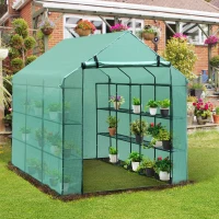 Outsunny Walk-in Greenhouse Plant Garden Hot House with 3 Tiers 18 Shelves, Roll-Up Zipper Door, Growing Shelter for Flowers, 8' x 6' x 7', Green(m-9)