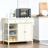 HOMCOM Vintage Kitchen Island with 3-Tier Open Shelving, Storage Cabinet with Drawers & Wood Legs, Adjustable Shelf for Living Room, Coffee Bar, White(m-2)