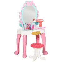 Qaba Kids Vanity Makeup Table Set with Chair and 20-Piece Collection, Princess Vanity Table and Stool with Mirror Lights, Imaginative Toy for 3-4 Years Old(m-1)