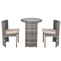 Outsunny 3 PCS Outdoor Rattan Wicker Bistro Set with Storage Shelf, Glass Top Table, Soft Cushioned Chairs and Space Saving Design, Patio Conversation Set for Garden Backyard Porch, Grey(m-8)