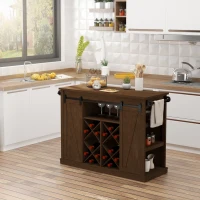 HOMCOM 53" Rolling Kitchen Island with Storage Shelves, Utility Kitchen Trolley Rolling Cart on Wheels with Sliding Barn Doors, Wine Rack and Towel Holders, Walnut(m-9)