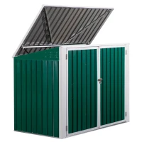 Outsunny Outdoor Steel Wheelie Trash Can Storage Shed Garbage Can Organizer With Double Door & Lid Rubbish Cover for 2 Trash Cans(m-7)