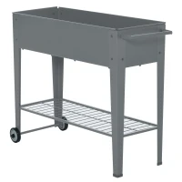 Outsunny 43" x 17" x 32" Elevated Planter Box with Legs Raised Garden Bed Elevated with 2 Wheels, Bottom Shelf for Storing Tools, & Water Drainage Hole, Grey(m-2)