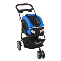 PawHut Pet Stroller Foldable Dog Cat Travel Carriage 5 In 1 Design Carrying Shoulder Bag Backpack Stroller Luggage with Universal Wheel Canopy Basket Cup Holder Blue(m-2)