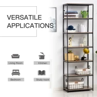 HOMCOM Modern 7 Tier Bookshelf Bookcase Utility Storage Shelf Organizer for Home Office with Display Rack Metal Frame, Grey Oak(m-4)