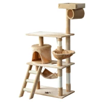 PawHut 55-inch Deluxe Cat Scratching Tree Kitten Condo Play House Kitty Scratcher Multi-level Tower Pet Furniture Beige(m-1)