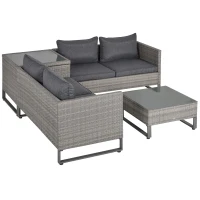 Outsunny 4 PCs PE Rattan Wicker Sofa Set Outdoor Conservatory Furniture Lawn Patio Coffee Table w/ Side Storage Box & Cushion, Grey(m-8)