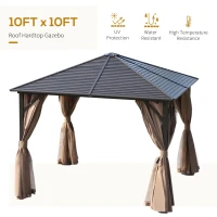 Outsunny 10' x 10' Hardtop Gazebo Canopy with Galvanized Steel Roof, Aluminum Frame, Hook, Outdoor Gazebo with Netting and Curtains for Patio, Garden, Backyard, Deck, Lawn, Light Brown(m-4)