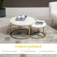 HOMCOM Nesting Coffee Table Set of 2, Round End Tables with Velvet-Feel Button Tufted Top for Living Room, Home Office, White(m-6)