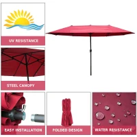 Outsunny 15ft Outdoor Twin Patio Umbrella Garden Double-Sided Market Parasol Sun Shelter with Crank Wine Red(m-2)