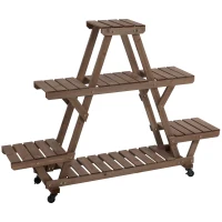 Outsunny 57'' x 14'' x 41'' 4 Tier Wooden Plant Shelf with Wheels Rolling Plant Pots Holder Stand Indoor Outdoor(m-2)