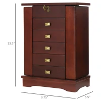 HOMCOM Tabletop Jewelry Case Beauty Organizer with Mirror, 6 Slot Shelves for Necklaces and Earrings, Lockable - Walnut(m-3)