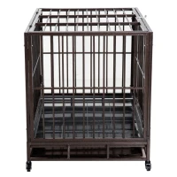 PawHut 42" Heavy Duty Dog Crate Metal Cage Kennel with Lockable Wheels, Double Door and Removable Tray, Brown(m-10)
