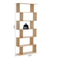HOMCOM 75.5" H Bookcase 6 Shelf S-Shaped Bookshelf Wooden Storage Display Stand Shelf Organizer Free Standing, Oak(m-3)