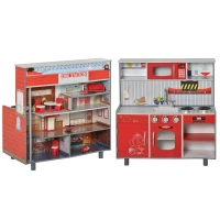 Qaba 2 in 1 Multifuction Kids Kitchen Play Set with Accessories Large Play Kitchen Red(m-1)