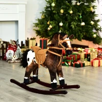 Open Box Qaba Kids Metal Plush Ride-On Rocking Horse Chair Toy with Realistic Sounds - Light Brown / White(m-2)