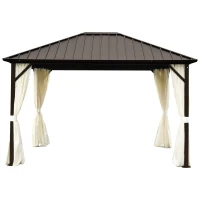 Outsunny 10' x 12' Hardtop Patio Deluxe Steel Gazebo Garden Sun Shelter Aluminum Frame Heavy Duty Outdoor Hardroof Pavilion with Curtains and Netting Beige(m-7)