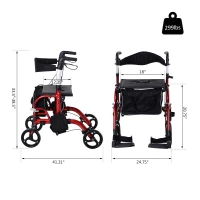 HOMCOM 2 in 1 Aluminum Rollator Walker Convertible Rollator Wheelchair with Adjustable Arms, Storage Bag, Footrests & Crutch Holder, Tool Free Assembly, Black & Red(m-3)