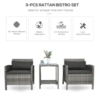 Outsunny 3 Pieces Wicker Patio Furniture Set, Rattan Bistro Set with 2-Tier Coffee Table, Extra Wide Chairs and Cushions, Outdoor Conversation Set for Garden, Porch, Balcony, Grey(m-4)