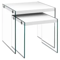 Monarch Modern 2 Piece Tempered Glass Frame Accent Side Nesting Table Set - Glossy White Finish(m-1)