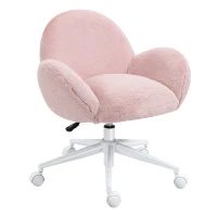 HOMCOM Faux Fur Leisure Chair Accent Chair Office Swivel Chair with Mid-Back Wide Design, Adjustable Seat Height, Steel Base, Wheels, Pink(m-1)