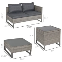 Outsunny 4 PCs PE Rattan Wicker Sofa Set Outdoor Conservatory Furniture Lawn Patio Coffee Table w/ Side Storage Box & Cushion, Grey(m-3)