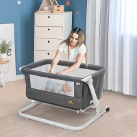 Qaba Baby Bassinet Bedside Sleeper Folding and Adjustable Baby Crib Diaper Changer Nursery Bed for 0-5 Months Infants with Wheels & 5 Height Levels, Dark Grey(m-2)