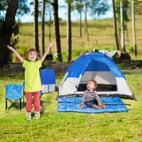 Outsunny Kids Camping Tent with Chairs, Sleeping Bags, Flashlights, Trolley Case, 69" L 53.25" W 37.5" H, Blue/Grey(m-2)