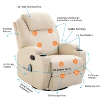 HOMCOM PU Leather Massing Recliner with 8-Point Vibration, Cup Holders, Manual Pull Handle and 360 Swivel, Beige(m-7)