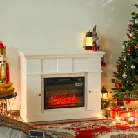 HOMCOM 45.25" W x 36.5" H Electric Fireplace Mantel TV Stand, Media Console Center Cabinet with 2 Cabinets with 2 Adjustable Shelves, and Remote Control, White(m-9)
