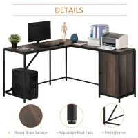 HOMCOM L-Shaped Computer Corner Desk with Storage Cabinet, Adjustable Shelf, Large Tabletop and Black Steel Frame, Brown(m-6)