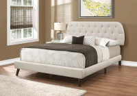 Monarch Queen Size Contemporary Upholstered Bed Frame with Padded Diamond Tufted Headboard and Brown Wood Legs - Beige Linen Look(m-2)