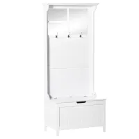 HOMCOM Coat Rack Shoe Bench with Storage 4 In 1 Hall Tree for Entryway Hallway Organizer with Cabinet 3 Hooks Mirrors White(m-1)