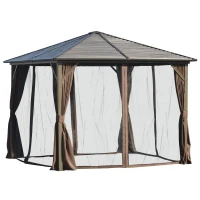 Outsunny 10' x 10' Hardtop Gazebo with Curtains and Netting, Permanent Pavilion Metal Roof Gazebo Canopy with Aluminum Frame, for Garden, Patio, Backyard, Deck, Dark Brown(m-8)