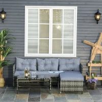 Outsunny 3 Piece Patio Furniture Set, Rattan Outdoor Sofa Set with Chaise Lounge & Loveseat, Soft Cushions, Tempered Glass Table, L-Shaped Sectional Couch, Light Gray(m-2)