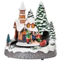 HOMCOM Animated Christmas Village, Pre-lit Musical Collectable Decor with Moving Train for Indoor Holiday Displays, Built-in LED Lights for Tabletop(m-10)