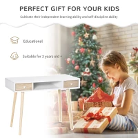 HOMCOM Kids Wooden Work Study Desk Makeup Vanity and Writing Computer Table with Storage Drawers & Pinewood Legs, White and Natural(m-4)