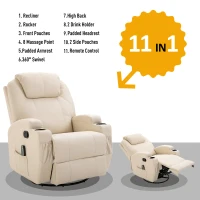 HOMCOM Faux Leather Recliner Chair with Massage, Vibration, Muti-function Padded Sofa Chair with Remote Control, 360 Degree Swivel Seat with Dual Cup Holders, Beige(m-4)