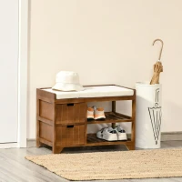 HOMCOM Compact Rustic Padded Wooden Shoe Rack Bench Organizer With Drawers - Coffee Woodgrain(m-8)