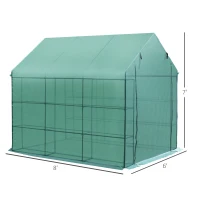 Outsunny Walk-in Greenhouse Plant Garden Hot House with 3 Tiers 18 Shelves, Roll-Up Zipper Door, Growing Shelter for Flowers, 8' x 6' x 7', Green(m-3)