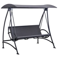 Outsunny 3 Person Rattan Swing Chair Garden Swing Bench Outdoor Hanging Porch Swing w/ Adjustable Canopy, Cushion, Steel Frame, Grey(m-2)