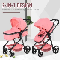 Qaba 2 In 1 Design Lightweight Baby Stroller Basket One-click Foldable Compact Travel Pushchair w/ Reclinable Back Footrest Seat Belt Storage Basket Suspension Wheels For 0-36 Months Pink(m-5)