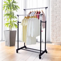 HOMCOM Heavy Duty Double Rail Clothes Rack Clothing Garment Rack with Wheels and Bottom Shelf(m-1)