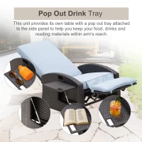 Outsunny Patio Recliner, Outdoor Reclining Chair with Flip-Up Side Table, All-Weather Wicker Metal Frame Chaise with Footrest, Cushions, Coffee, Blue(m-5)