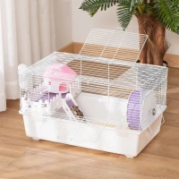 PawHut 2 Tier Hamster Cage Gerbil Rodent House Small Animal Habitat with Water Bottle, Exercise Wheel, Ladder, Hut, White(m-2)