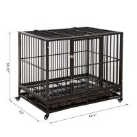 PawHut 42" Heavy Duty Dog Crate Metal Cage Kennel with Lockable Wheels, Double Door and Removable Tray, Brown(m-3)