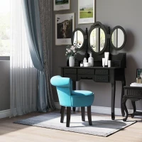 HOMCOM Upholstered Linen Vanity Stool with Curved Thick Padded Backrest, Rubberwood Legs, and Footpads, Blue(m-7)